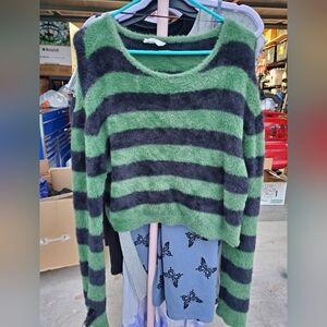 Double Zero Fuzzy Green and Black Striped Sweater